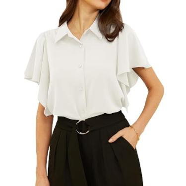 Imagem de GRACE KARIN Camisas femininas de botão com babados e manga curta gola V elegante casual para trabalho de escritório, Branco, GG