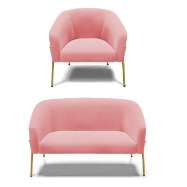 Imagem de Sofá Namoradeira e Poltrona Pé de Ferro Dourado Stella Suede Rosê D03 - D`Rossi