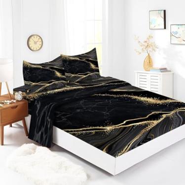 Imagem de Lençol King 198 cm x 203 cm mármore preto dourado 4 peças, lençol de cama luxuoso de microfibra macia, 40 cm, lençol com elástico profundo, respirável, resistente a rugas, resistente ao desbotamento