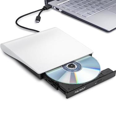 Imagem de Haiway Unidade de DVD externa, gravador de CD USB 3.0 Tipo-C portátil CD DVD +/-RW Unidade óptica Slim CD DVD ROM Rewriter CD/DVD Player Leitor de gravador para laptop, desktop, MacBook, PC, Windows,