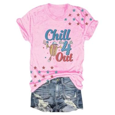 Imagem de Camiseta feminina 4 de julho, camisetas estampadas de cachorro-quente, caimento solto, casual, túnica, verão, dia da independência, rosa, P