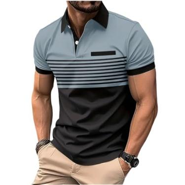 Imagem de SOLY HUX Camisa polo masculina de golfe manga curta gola tênis camiseta listrada colorida, Preto e cinza, XXG