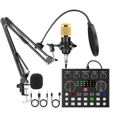 Imagem de SIBORIE Pacote de equipamento de podcast com interface de áudio, trocador de voz V8S, microfone condensador de karaokê, suporte de microfone e filtro pop de microfone, kit iniciante de podcast, mixer