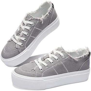 Imagem de Obtaom Tênis feminino de lona plataforma branco confortável para brincar na moda, casual, plataforma elevatória, com cadarços, sapatos bonitos de caminhada de cano baixo para mulheres, Cinza, 37