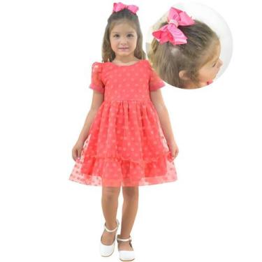 Imagem de Vestido Infantil Tule Poá Luxuoso + Laço Cabelo - Várias Cores - Moder
