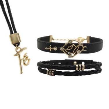 Imagem de Pulseiras Femininas Couro NOSSA SENHORA  Kit C / 02 + Colar Ajustável 