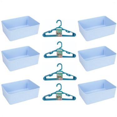 Imagem de Kit 6 Cestos Multiuso Decorativo e 20 Cabides Infantis Azul - 123 Orga