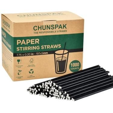 Imagem de Chunspak Canudos finos de papel preto de 19 cm, canudos para mexer, palitos agitadores de 0,20"/5 mm de diâmetro para coquetéis, café, bar - biodegradáveis, 1000 unidades
