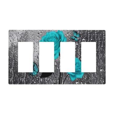 Imagem de Romântico Elegante Borboleta Turquesa Azul Petróleo Cinza Rosa Flor Gota de Chuva Floral 4 Gang Dispositivo Quadriciclo Decorador Sem Parafusos GFCI/Rocker Placa de Parede Interruptor de Luz Dimmer