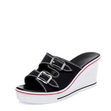 Imagem de ALLINNINE Tênis feminino de salto alto moderno de lona cano alto com cadarço borda cunha zíper inclinado sapatos tamanho 4-11, Fivela D preta, 34