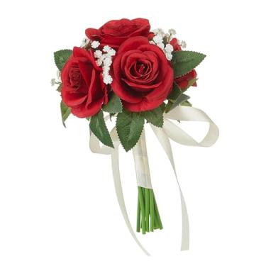 Imagem de JISADER Buquê de casamento nupcial Buquê de dama de honra Decorativo Elegante Flores artificiais Buquê de noiva para decoração de proposta de festa, Vermelho