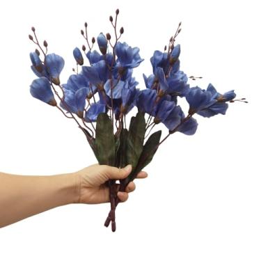 Imagem de 2 peças de buquê de flores de seda de magnólia artificial cinza azul e cinza, orquídeas falsas, orquídeas de seda que parecem reais para decoração de casa, buquê de casamento, plantas artificiais ao