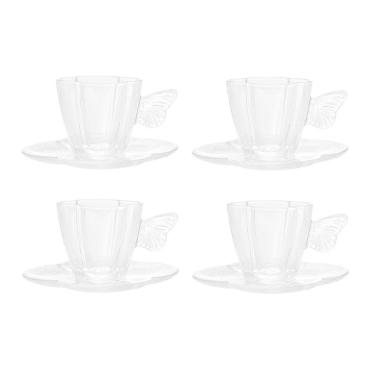 Imagem de Cj 4 Xícaras P/Chá C/Pires de Vidro Borboletas Transparente 180ml Wolff