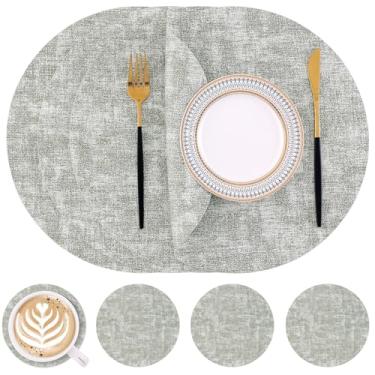 Imagem de Homaxy Jogo americano e porta-copos redondos de couro sintético, tapetes de mesa laváveis de dois lados, tapetes de jantar resistentes ao calor limpáveis para ambientes externos e internos, conjunto
