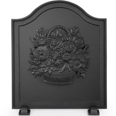 Imagem de TwentyNext firebacks para lareira, fireback de ferro fundido com pés, placas traseiras de lareira, refletor de calor de lareira de flores com isolamento térmico para proteção de parede 20 ''