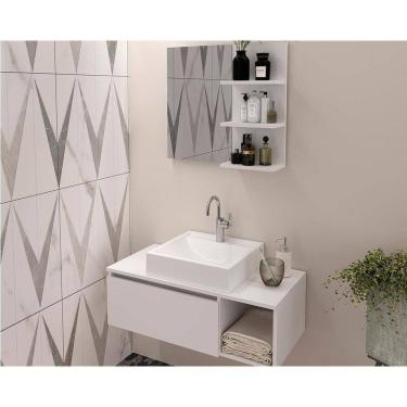 Imagem de Conjunto De Banheiro Balcão Suspenso Bn3601 S- Cuba 80cm E Armário C- Espelho Bn3608 Branco - Tecno Mobili