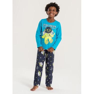 Imagem de Pijama Longo Infantil Menino Azul Blusa e Calça Astronauta Brilha No E