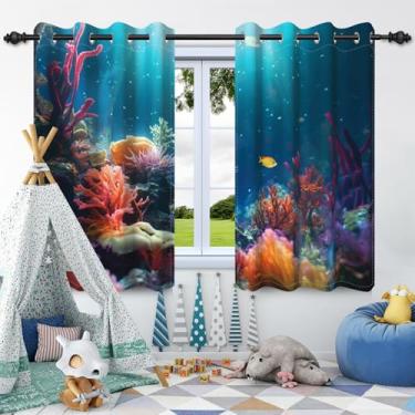 Imagem de Cortinas blackout Underwater World para sala de estar debaixo do mar painel de cortina preto para quarto azul oceano coral peixe escurecimento cortinas de janela com ilhós, isolamento térmico, 107 x