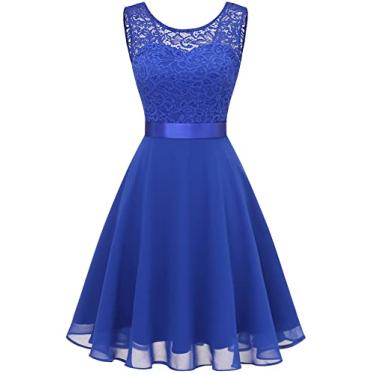 Imagem de BeryLove Vestidos de coquetel femininos | Formatura, sem mangas, evasê rodado, vestidos formais de renda para convidados de casamento, Azul royal curto, P