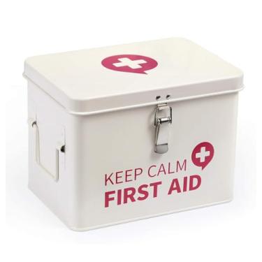 Imagem de SoldSimple Organizador de medicamentos Keep Calm First Aid Caixa de metal com tampa, fecho de trava, bandeja removível e alças laterais, caixa vazia vintage para casa, 22,8 cm x 16,5 cm x 16,5 cm, branco leitoso