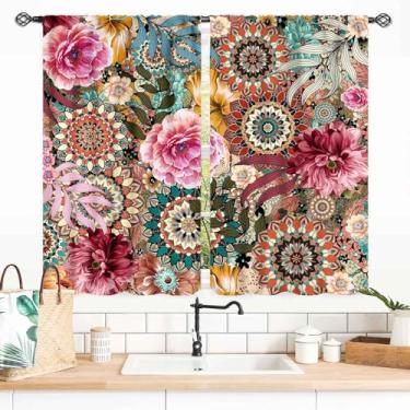 Imagem de Cortinas florais para janela de cozinha, mandala floral boêmia, vintage, paisley, medalhão indiano, flores coloridas, abstratas, pequenas cortinas de janela curta para quarto, sala de estar, café