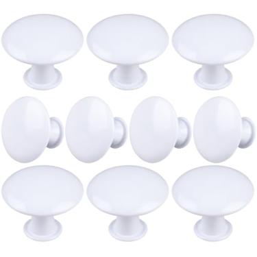 Imagem de HUGOLEM Pacote com 10 maçanetas brancas redondas de verniz branco para armário de cozinha puxadores de gaveta puxadores de cômoda com 10 parafusos para ferragens de porta de gaveta de banheiro