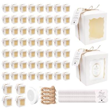 Imagem de TANEMUDO Conjunto de 60 velas de caixa de presente com janela transparente para velas de 113 a 283 g, embalagem de presente de 8,5 x 8,5 x 10 cm, embalagem de presente com 60 etiquetas, 4 cordas de