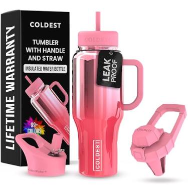 Imagem de Copo Coldest com alça e canudo - Copo 100% à prova de derramamento com canudo (3 tampas) - Copos isolados de aço inoxidável à prova de vazamento para mulheres e homens - Adequado para porta-copos