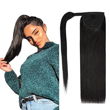 Imagem de FAAAL Extensão De Rabo De Cavalo De Cabelo Humano De 16" 75G #1B Preto Natural 100% Cabelo Humano Remy Enrolado Em Rabo De Cavalo Longo, Extensões De Cabelo Com Clipe, Peça Única Reta (16", Preto Na