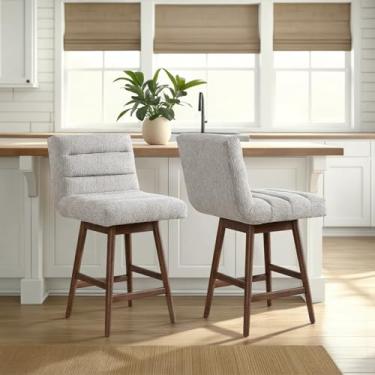 Imagem de Armen Living Banqueta giratória Elias Brown estofada de madeira maciça 66 cm com assento de tecido Morning Fog - Conjunto de 2