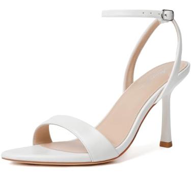 Imagem de Mostrin Sandálias femininas de salto alto com tiras de cadarço e tira no tornozelo, bico fino, bico aberto, salto alto para formatura, festa, dia a dia, Branco, 41