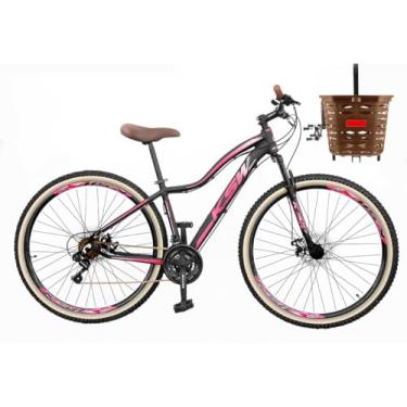 Imagem de Bicicleta Aro 29 Feminina KSW Quadro Ergonômico Estilo Retrô 21 Marchas com Freio a Disco e Cesta Marrom Vintage,17,Preto Rosa