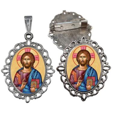Imagem de Broche com Relicario Cor Prata Jesus Salvador Terno Noivo lapela Quali
