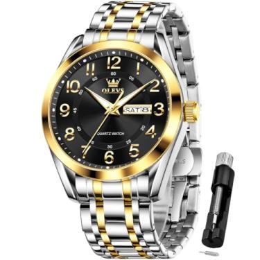 Imagem de OLEVS Relógios masculinos de negócios, numeração grande, fácil de ler, relógio de quartzo, aço inoxidável, à prova d'água, luminoso, data, casual, masculino, relógio preto masculino, relógio masculino