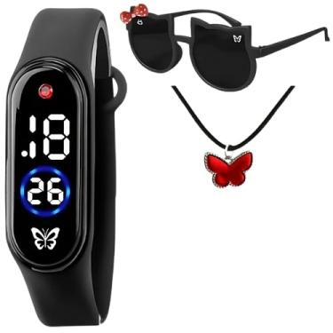 Imagem de Relógio Infantil Digital + Caixa Original + Óculos Sol Prova D'Água Led Preto Silicone Menina Qualidade Premium Temático