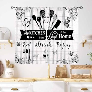 Imagem de Lnepty Cortinas de cozinha rústicas de fazenda, garfo vintage, tema culinário, retrô, pequeno, pequeno, café, cortinas, celeiro, madeira, madeira, prancha, tratamento de janela, 2 painéis, 132 x 99 cm