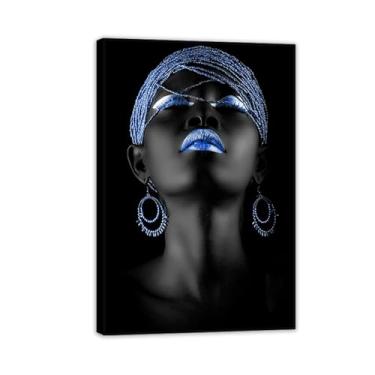 Imagem de Pintura de parede afro-americana impressões de mulher azul e negra em tela abstrato preto retrato poster para decoração de casa 90 x 60 cm (36 x 24 pol) moldura preta