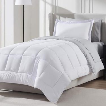 Imagem de Nestl Conjunto de edredom solteiro GG de 7 peças – cama branca reversível em uma bolsa – Conjunto completo de cama solteiro GG com lençóis, travesseiros alternativos de plumas, fronha e fronha