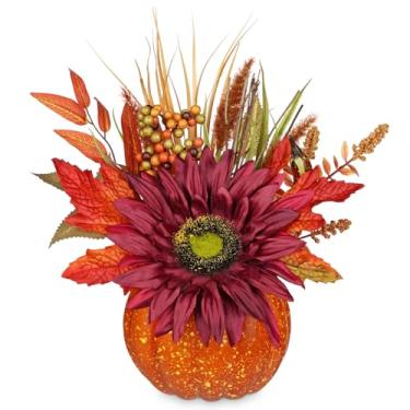 Imagem de Decoração artificial de outono de abóbora – centros de mesa de outono com girassóis laranja falsos, folhas de eucalipto, abóbora – Halloween, Ação de Graças e decoração de casa