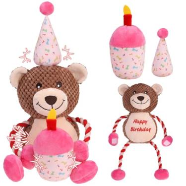 Imagem de EXPAWLORER Brinquedos de aniversário para cães mastigáveis agressivos, brinquedo interativo para cães com bolo H, brinquedos de pelúcia indestrutíveis com papel enrugado, brinquedos de mastigar