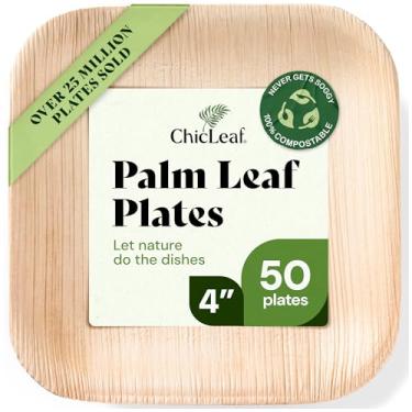 Imagem de Chic Leaf Pratos de bambu descartáveis para folhas de palmeira, como quadrados de 10 cm (pacote com 50) – Pratos de madeira biodegradáveis compostáveis pequenos estilizados para casamentos, festas e eventos
