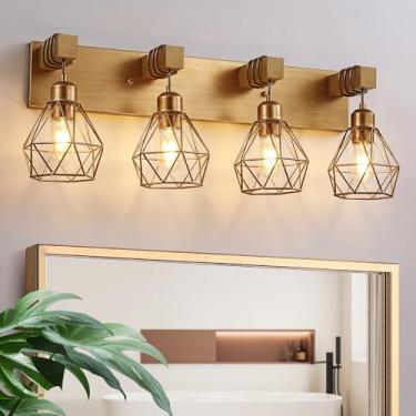 Imagem de Luminárias de banheiro douradas, luminárias de banheiro de 4 luzes douradas sobre o espelho, arandelas de iluminação de parede com elegante abajur de metal para sala de estar, quarto, corredor