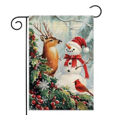 Imagem de Pássaro vermelho, boneco de neve, rena, floco de neve, bandeira de jardim