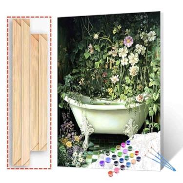 Imagem de Kit de pintura a óleo de banheira cercada de flores por números para adultos iniciantes vintage kits de pintura a óleo faça você mesmo pigmento acrílico pintura fácil de pendurar na parede, decoração