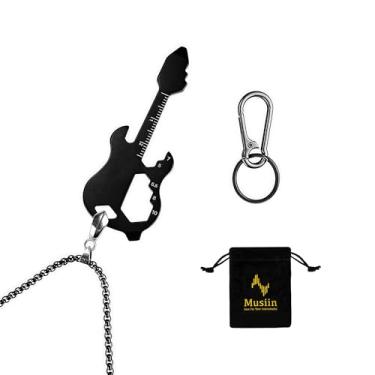 Imagem de Musiin Colar abridor de garrafa em formato de guitarra com corrente preta de 60 cm e chaveiro de metal, design multifuncional com abridor, chave hexagonal e régua, ideal para amantes de música (preto)