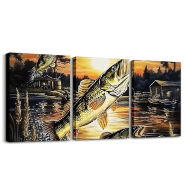 Imagem de Erosebridal Arte de parede em tela de peixe de robalo grande, decoração de parede com imagens de casa de lago de pesca, conjunto de 3 pinturas de caça de cabana rústica, vintage, estampa de pôster de