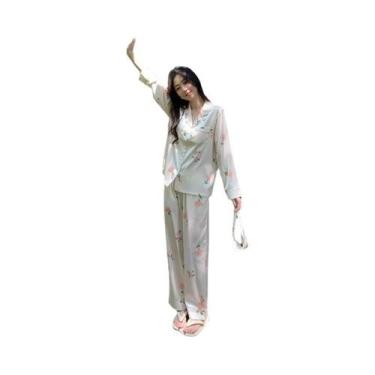 Imagem de Conjunto de Pijamas de Seda Gelada Feminino - Cardigan com Estampa Doc