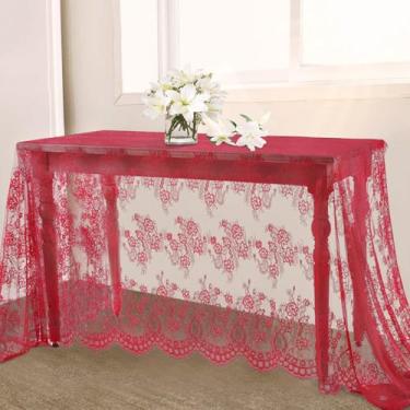 Imagem de B-COOL Toalha de mesa de renda vermelha 152 x 280 cm toalha de mesa floral vintage para decoração de casamento rústica