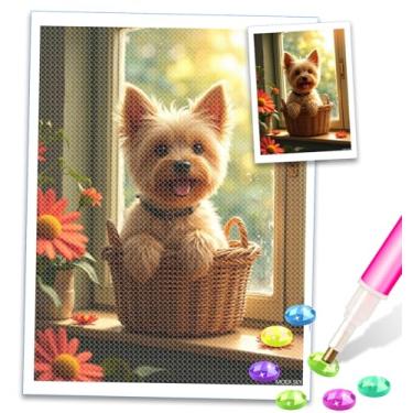Imagem de Yorkshire Terrier Dog in Wicker Basket by Flowers Diamond Art Kits para adultos DIY 5D Full Drill Kits de pintura de diamante para adultos iniciantes, pintura de diamante sem moldura, artesanato para