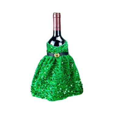 Imagem de Capa de garrafa de vinho de Natal, vestido de lantejoulas com glitter, capa de garrafa de vinho para decoração de mesa de Natal, Ano Novo, acessórios (verde)